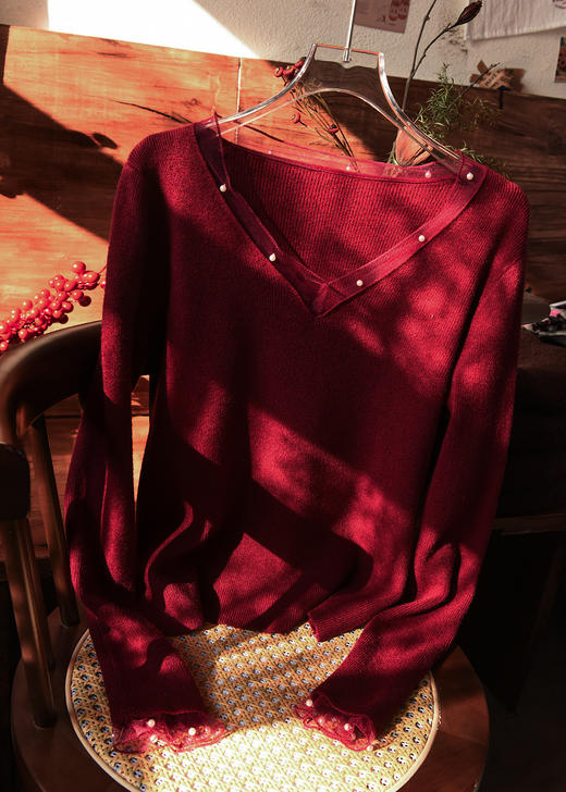 天鹅颈法式V领网纱钉珠羊毛针织混纺安迪绒毛衫 商品图1