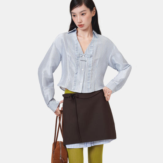HERLIAN 2026年春季新品蝴蝶结装饰蓝格深V女士长袖衬衫 商品图2