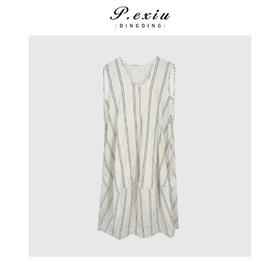 04-1潘依绣丁丁宠粉复古时髦竖撞色条纹无袖连衣裙Q3265