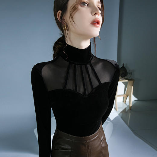 丝绒拼接网纱气质小衫洋气时髦内搭上衣 商品图1