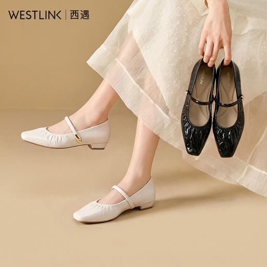 西遇玛丽珍鞋女2026春季新款一脚蹬浅口方头法式褶皱设计低跟单鞋V0166216 商品图0