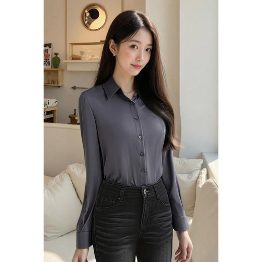 米思阳 知性优雅风 通勤OL单排扣百搭简约灰色衬衫女4927 商品图3