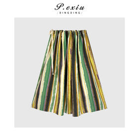 04-1潘依绣丁丁宠粉复古百搭抽绳竖条纹半身裙Q16418