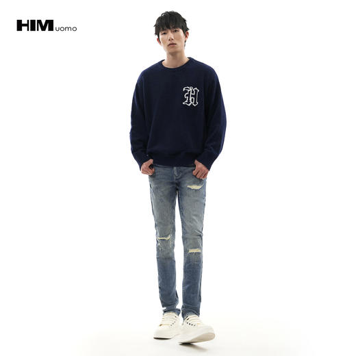 HIM漢崇  错落感做旧割破舒适耐磨休闲弹力修身牛仔裤男 2025冬季 商品图1