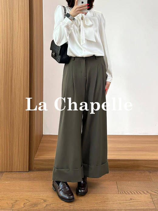 拉夏贝尔/La Chapelle通勤百搭时尚阔腿裤微弹半松紧压褶卷边显瘦休闲裤 商品图9
