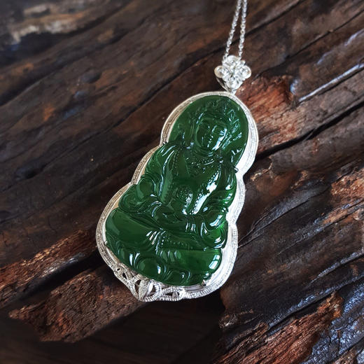 【天然正品】A货翡翠AU750白金镶钻镶天然细腻冰种满绿观音坐莲（平安安乐）翡翠吊坠项链53.0*27.0*9.0MM（皆取最大值）181125AH37 商品图5