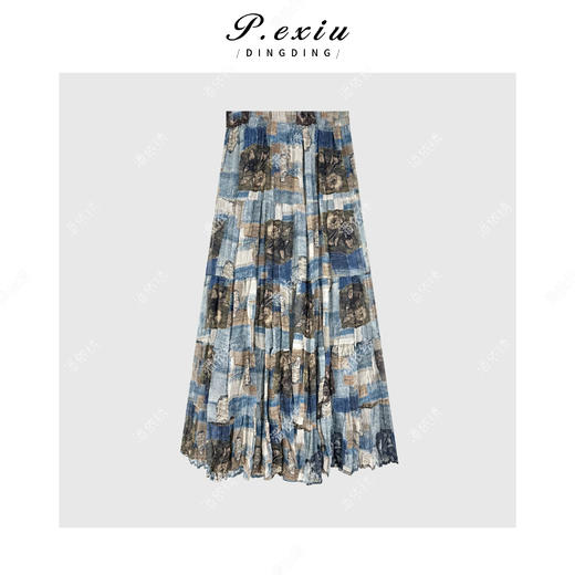 04-1潘依绣丁丁宠粉复古印花时髦松紧腰半身裙Q6941 商品图1