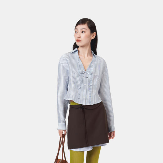 HERLIAN 2026年春季新品蝴蝶结装饰蓝格深V女士长袖衬衫 商品图1