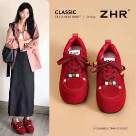 ZHR红色内增高阿甘鞋女鞋2026春季新款平底运动休闲鞋百搭德训鞋