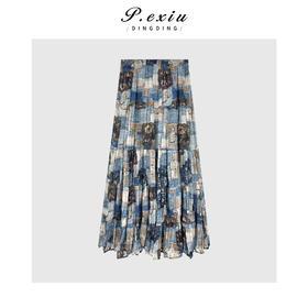 04-1潘依绣丁丁宠粉复古印花时髦松紧腰半身裙Q6941