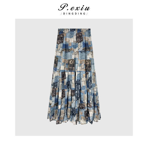 04-1潘依绣丁丁宠粉复古印花时髦松紧腰半身裙Q6941 商品图0