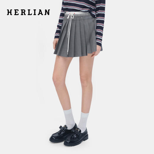 HERLIAN 2026年春季新品腰头褶皱拼接百褶裙女士A字短裙 商品图0