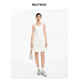 SELFWHO白色梭织拼接船领连衣裙女2026春新款可调节肩带A字无袖裙