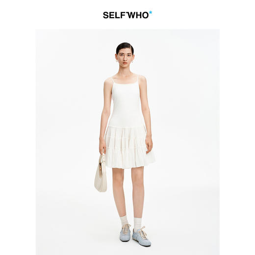 SELFWHO白色梭织拼接船领连衣裙女2026春新款可调节肩带A字无袖裙 商品图0