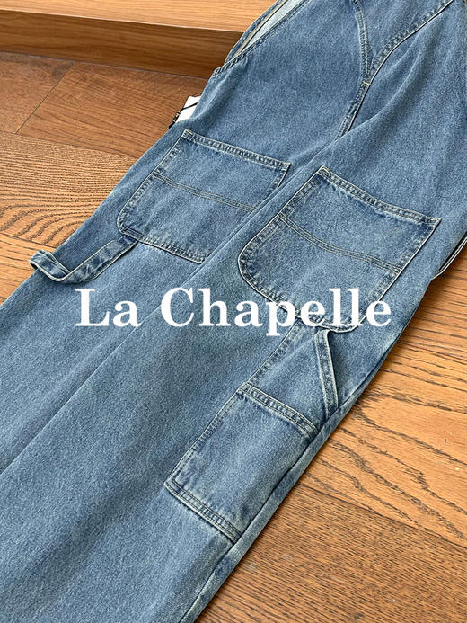 专柜实拍【减龄神器】拉夏贝尔/La Chapelle重磅100棉牛仔背带裤！撞色刺绣蝴蝶宽松显瘦直筒连体裤 商品图8