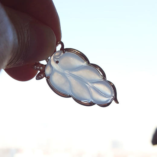 【天然正品】A货翡翠AU750玫瑰金镶天然细腻白色冰种叶子（金枝玉叶）翡翠吊坠项链38.5*17.8*7.4MM（皆取最大值）181125AH45 商品图10