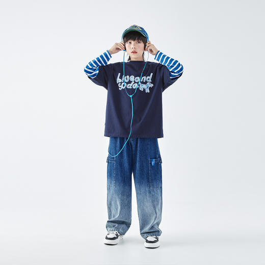 【代发】【预售4.7发】 蓝汽水男童T恤潮酷字母青少年假两件全棉长袖上衣藏青 商品图1