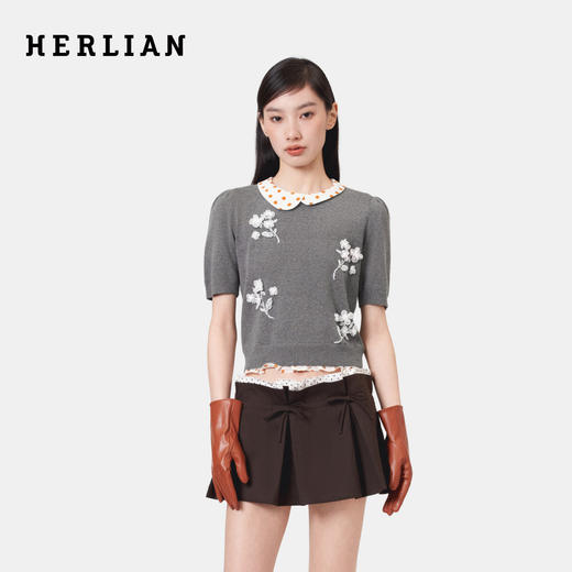 HERLIAN 2026年春季新品波点不对称领钉珠女士短袖套头针织衫 商品图0