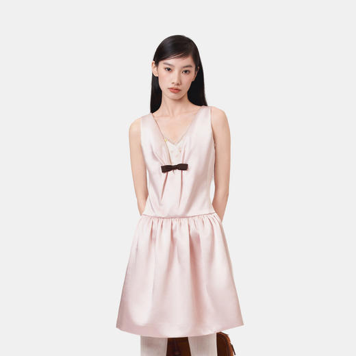 HERLIAN 2026年春季新品蝴蝶结装饰深V领少女缎面无袖连衣裙 商品图1