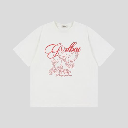 GOODBAI 春夏双鸽爱心撞色印花圆领休闲宽松百搭短袖T恤女 商品图1