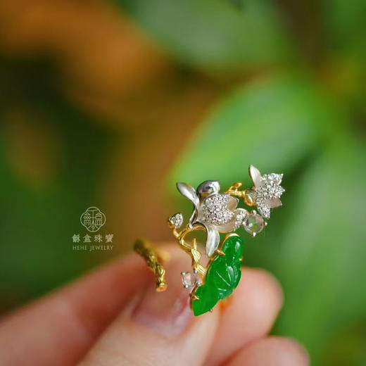 龢盒原创 9k金镶玉兰翠鸟钻石开口戒指 商品图0