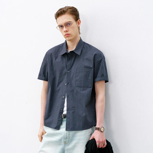 714street美式复古细格纹短袖衬衫2026新款春季纯棉格子衬衣男女 商品图0