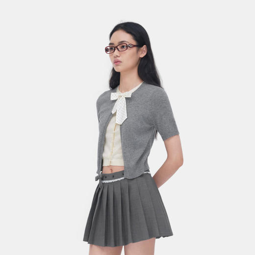 HERLIAN 2026年春季新品蝴蝶结装饰假两件半袖女士针织衫 商品图1