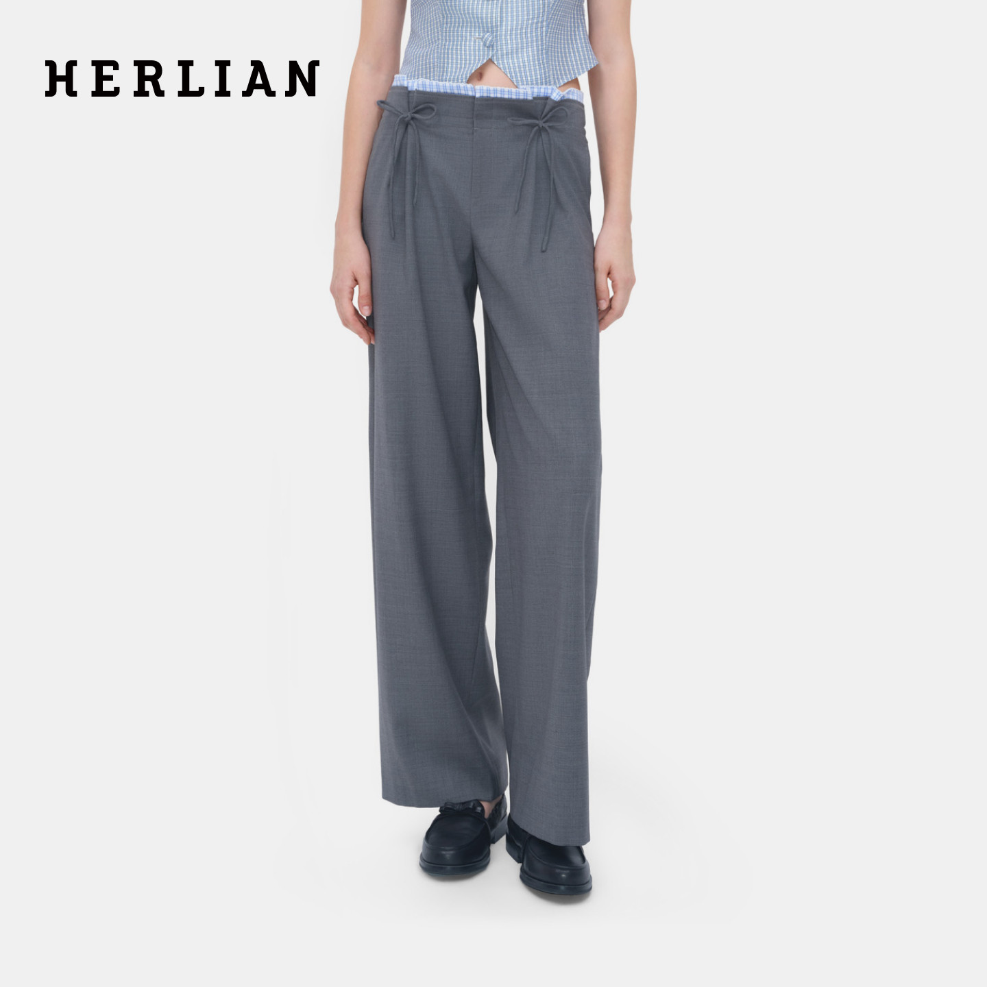 HERLIAN 2026年春季新品格纹拼接蝴蝶结抽褶设计西装裤直筒长裤