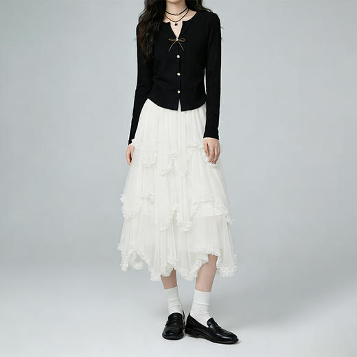 西遇法式不规则荷叶边半身裙女2026年春季新款高腰网纱拼接蛋糕裙E0060121 商品图2
