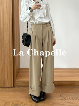 拉夏贝尔/La Chapelle通勤百搭时尚阔腿裤微弹半松紧压褶卷边显瘦休闲裤
