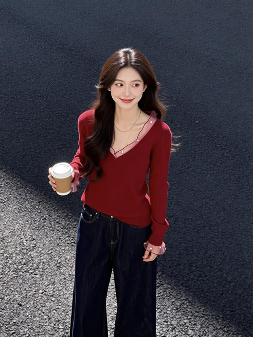 天鹅颈法式V领网纱钉珠羊毛针织混纺安迪绒毛衫 商品图5