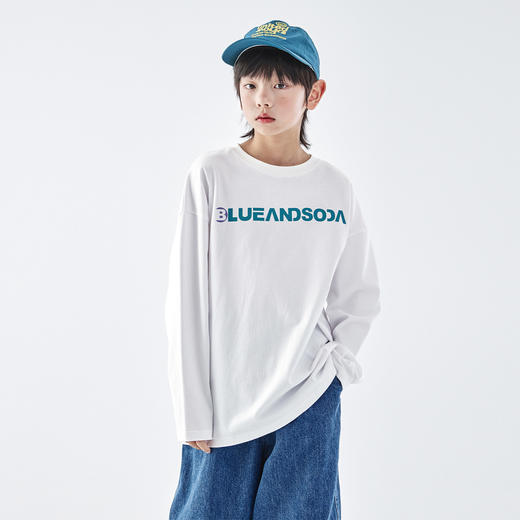 【代发】蓝汽水男童上衣撞色LOGO印花青少年宽松针织全棉长袖T恤水绿/白色/暗夜黑 商品图4