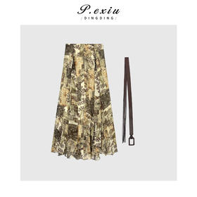 04-1潘依绣丁丁宠粉小众调性报纸印花腰带半身裙Q6448