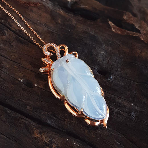 【天然正品】A货翡翠AU750玫瑰金镶天然细腻白色冰种叶子（金枝玉叶）翡翠吊坠项链38.5*17.8*7.4MM（皆取最大值）181125AH45 商品图4