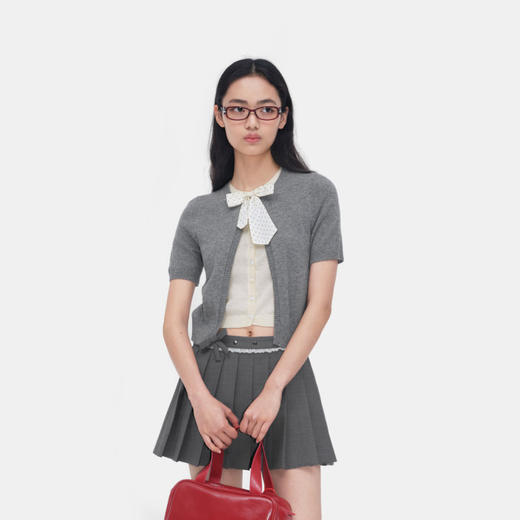 HERLIAN 2026年春季新品蝴蝶结装饰假两件半袖女士针织衫 商品图2