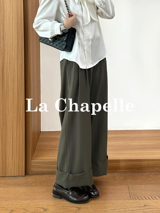 拉夏贝尔/La Chapelle通勤百搭时尚阔腿裤微弹半松紧压褶卷边显瘦休闲裤 商品图8