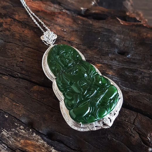 【天然正品】A货翡翠AU750白金镶钻镶天然细腻冰种满绿观音坐莲（平安安乐）翡翠吊坠项链53.0*27.0*9.0MM（皆取最大值）181125AH37 商品图4