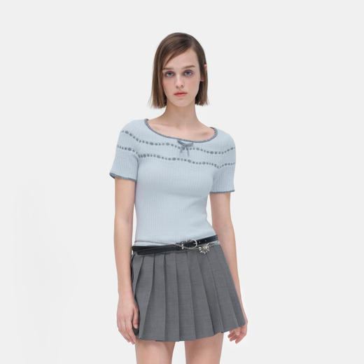 HERLIAN 2026年春季新品蝴蝶结装饰女士波点短袖修身针织衫 商品图1