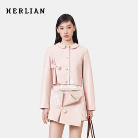 HERLIAN 2026年春季新品掐褶设计粉调皮短款PU皮女士修身外套