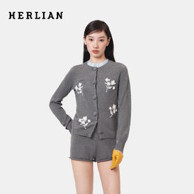 HERLIAN 2026年春季新品钉珠花女士圆领针织长袖开衫