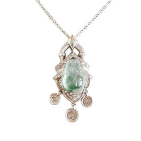 【天然正品】A货翡翠AU750白金镶钻镶天然细腻冰种飘蓝花貔貅纳财造型翡翠吊坠项链26.2*12.1*8.2MM（皆取最大值）190126NJS19