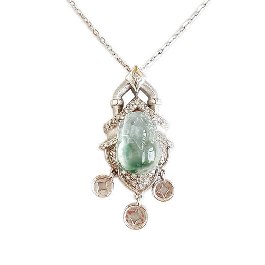 【天然正品】A货翡翠AU750白金镶钻镶天然细腻冰种飘蓝花貔貅纳财造型翡翠吊坠项链26.2*12.1*8.2MM（皆取最大值）190126NJS19 商品图0