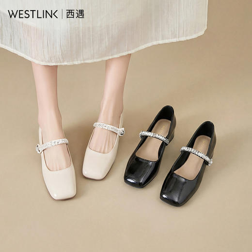 西遇玛丽珍鞋女2026春季新款一脚蹬浅口单鞋水钻绊带方头小皮鞋V0166215 商品图0