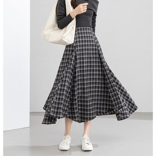 「高货xg」全新升级【铂金会员211/天猫279/差价68】(01739)洛诗琳不规则剪裁格子半身裙2026春季新款高腰显瘦A字大摆裙 商品图1