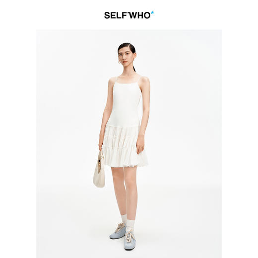 SELFWHO白色梭织拼接船领连衣裙女2026春新款可调节肩带A字无袖裙 商品图1