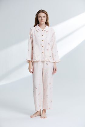 【7.5折限时特惠】【秀黛】女翻领印花长袖套装双层纱棉轻盈透气柔软萌宠春夏女家居服睡衣W1551010T【门店同款】