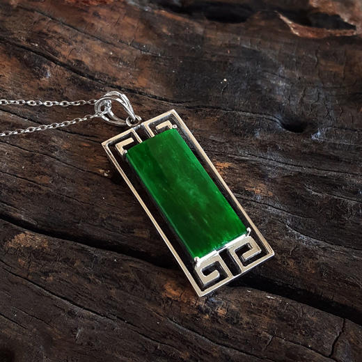 【天然正品】A货翡翠AU750白金镶福纹天然细腻细豆种满绿平安无事牌翡翠吊坠项链35.3*12.8*3.2MM（皆取最大值）181125AH39 商品图5