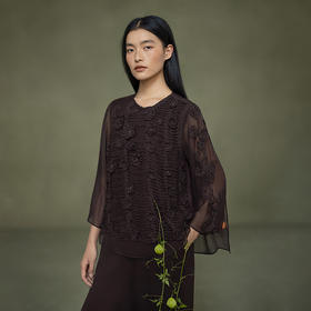 【林栖设计小店】手工钩花|鎏光溯影流木紫桑蚕丝拼飞片飘逸2026春新款国风真丝衫1961016