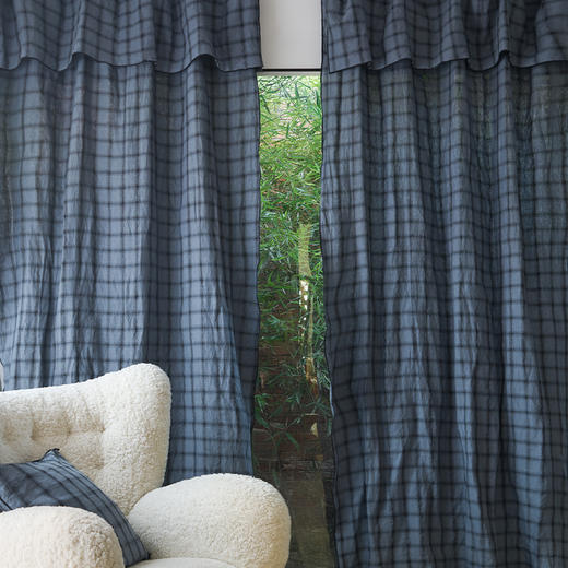 伽罗 JALO 14支复古黑蓝格纹色织亚麻系列窗帘 商品图1