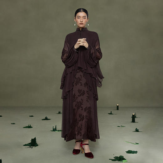 【林栖设计小店】鎏光溯影|新中式拼桑蚕丝飞片2026春新款改良旗袍连衣裙1961172 商品图4